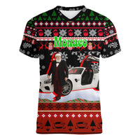 Monaco Christmas Women V-Neck T-Shirt with Santa Claus Sports Car Snowflakes and Luxury Holiday - Wonder Print Shop