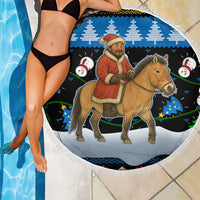 Mongolia Christmas Beach Blanket with Santa Riding Horse Snowmen Yurts and Winter Holiday - Wonder Print Shop