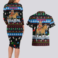 Mongolia Christmas Couples Matching Long Sleeve Bodycon Dress and Hawaiian Shirt with Santa Riding Horse Snowmen Yurts and Winter Holiday - Wonder Print Shop