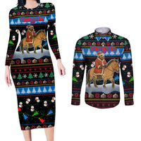 Mongolia Christmas Couples Matching Long Sleeve Bodycon Dress and Long Sleeve Button Shirt with Santa Riding Horse Snowmen Yurts and Winter Holiday - Wonder Print Shop