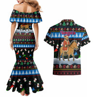 Mongolia Christmas Couples Matching Mermaid Dress and Hawaiian Shirt with Santa Riding Horse Snowmen Yurts and Winter Holiday - Wonder Print Shop