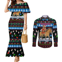 Mongolia Christmas Couples Matching Mermaid Dress and Long Sleeve Button Shirt with Santa Riding Horse Snowmen Yurts and Winter Holiday - Wonder Print Shop