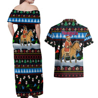 Mongolia Christmas Couples Matching Off Shoulder Maxi Dress and Hawaiian Shirt with Santa Riding Horse Snowmen Yurts and Winter Holiday - Wonder Print Shop