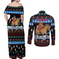 Mongolia Christmas Couples Matching Off Shoulder Maxi Dress and Long Sleeve Button Shirt with Santa Riding Horse Snowmen Yurts and Winter Holiday - Wonder Print Shop