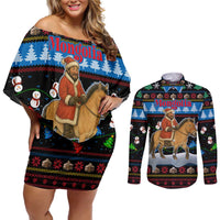 Mongolia Christmas Couples Matching Off Shoulder Short Dress and Long Sleeve Button Shirt with Santa Riding Horse Snowmen Yurts and Winter Holiday - Wonder Print Shop