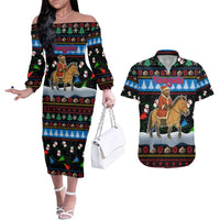 Mongolia Christmas Couples Matching Off The Shoulder Long Sleeve Dress and Hawaiian Shirt with Santa Riding Horse Snowmen Yurts and Winter Holiday - Wonder Print Shop