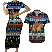 Mongolia Christmas Couples Matching Short Sleeve Bodycon Dress and Hawaiian Shirt with Santa Riding Horse Snowmen Yurts and Winter Holiday - Wonder Print Shop