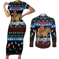 Mongolia Christmas Couples Matching Short Sleeve Bodycon Dress and Long Sleeve Button Shirt with Santa Riding Horse Snowmen Yurts and Winter Holiday - Wonder Print Shop