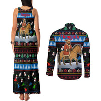 Mongolia Christmas Couples Matching Tank Maxi Dress and Long Sleeve Button Shirt with Santa Riding Horse Snowmen Yurts and Winter Holiday - Wonder Print Shop