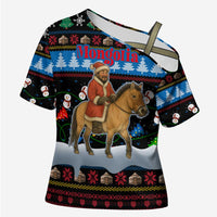 Mongolia Christmas Cross Shoulder Shirt with Santa Riding Horse Snowmen Yurts and Winter Holiday - Wonder Print Shop