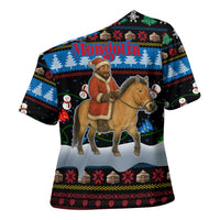 Mongolia Christmas Cross Shoulder Shirt with Santa Riding Horse Snowmen Yurts and Winter Holiday - Wonder Print Shop