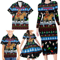 Mongolia Christmas Family Matching Long Sleeve Bodycon Dress and Hawaiian Shirt with Santa Riding Horse Snowmen Yurts and Winter Holiday - Wonder Print Shop