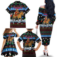 Mongolia Christmas Family Matching Off The Shoulder Long Sleeve Dress and Hawaiian Shirt with Santa Riding Horse Snowmen Yurts and Winter Holiday - Wonder Print Shop