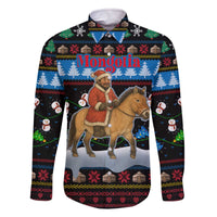 Mongolia Christmas Family Matching Off The Shoulder Long Sleeve Dress and Hawaiian Shirt with Santa Riding Horse Snowmen Yurts and Winter Holiday - Wonder Print Shop
