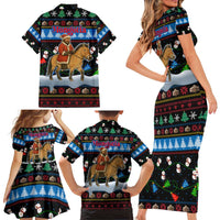 Mongolia Christmas Family Matching Short Sleeve Bodycon Dress and Hawaiian Shirt with Santa Riding Horse Snowmen Yurts and Winter Holiday - Wonder Print Shop