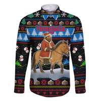 Mongolia Christmas Family Matching Short Sleeve Bodycon Dress and Hawaiian Shirt with Santa Riding Horse Snowmen Yurts and Winter Holiday - Wonder Print Shop