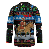 Mongolia Christmas Hockey Jersey with Santa Riding Horse Snowmen Yurts and Winter Holiday - Wonder Print Shop