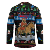 Mongolia Christmas Hockey Jersey with Santa Riding Horse Snowmen Yurts and Winter Holiday - Wonder Print Shop