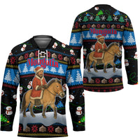 Mongolia Christmas Hockey Jersey with Santa Riding Horse Snowmen Yurts and Winter Holiday - Wonder Print Shop