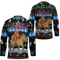 Mongolia Christmas Hockey Jersey with Santa Riding Horse Snowmen Yurts and Winter Holiday - Wonder Print Shop