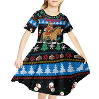 Mongolia Christmas Kid Short Sleeve Dress with Santa Riding Horse Snowmen Yurts and Winter Holiday - Wonder Print Shop