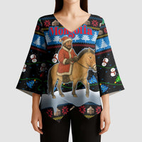 Mongolia Christmas Kimono Sleeve Blouse with Santa Riding Horse Snowmen Yurts and Winter Holiday - Wonder Print Shop