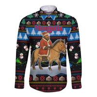 Mongolia Christmas Long Sleeve Button Shirt with Santa Riding Horse Snowmen Yurts and Winter Holiday - Wonder Print Shop