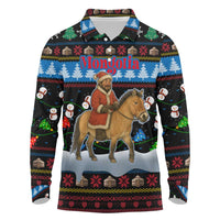 Mongolia Christmas Long Sleeve Polo Shirt with Santa Riding Horse Snowmen Yurts and Winter Holiday - Wonder Print Shop