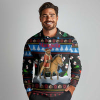 Mongolia Christmas Long Sleeve Polo Shirt with Santa Riding Horse Snowmen Yurts and Winter Holiday - Wonder Print Shop