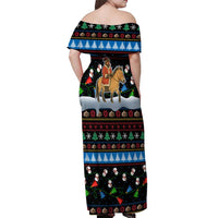 Mongolia Christmas Off Shoulder Maxi Dress with Santa Riding Horse Snowmen Yurts and Winter Holiday - Wonder Print Shop