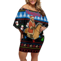 Mongolia Christmas Off Shoulder Short Dress with Santa Riding Horse Snowmen Yurts and Winter Holiday - Wonder Print Shop