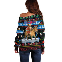 Mongolia Christmas Off Shoulder Sweater with Santa Riding Horse Snowmen Yurts and Winter Holiday - Wonder Print Shop