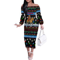 Mongolia Christmas Off The Shoulder Long Sleeve Dress with Santa Riding Horse Snowmen Yurts and Winter Holiday - Wonder Print Shop
