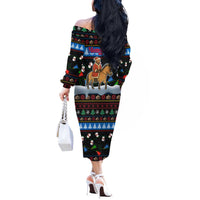 Mongolia Christmas Off The Shoulder Long Sleeve Dress with Santa Riding Horse Snowmen Yurts and Winter Holiday - Wonder Print Shop