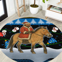 Mongolia Christmas Round Carpet with Santa Riding Horse Snowmen Yurts and Winter Holiday - Wonder Print Shop