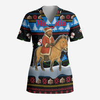 Mongolia Christmas Scrub Top with Santa Riding Horse Snowmen Yurts and Winter Holiday - Wonder Print Shop