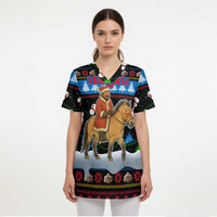 Mongolia Christmas Scrub Top with Santa Riding Horse Snowmen Yurts and Winter Holiday - Wonder Print Shop