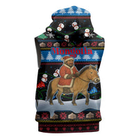Mongolia Christmas Sleeveless Hoodie with Santa Riding Horse Snowmen Yurts and Winter Holiday - Wonder Print Shop