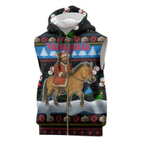 Mongolia Christmas Sleeveless Zip Hoodie with Santa Riding Horse Snowmen Yurts and Winter Holiday - Wonder Print Shop