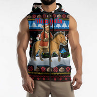 Mongolia Christmas Sleeveless Zip Hoodie with Santa Riding Horse Snowmen Yurts and Winter Holiday - Wonder Print Shop