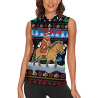 Mongolia Christmas Women Sleeveless Polo Shirt with Santa Riding Horse Snowmen Yurts and Winter Holiday - Wonder Print Shop