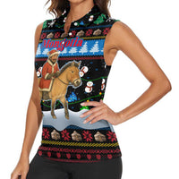Mongolia Christmas Women Sleeveless Polo Shirt with Santa Riding Horse Snowmen Yurts and Winter Holiday - Wonder Print Shop