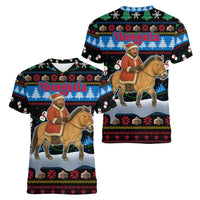 Mongolia Christmas Women V-Neck T-Shirt with Santa Riding Horse Snowmen Yurts and Winter Holiday - Wonder Print Shop