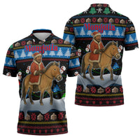 Mongolia Christmas Zipper Polo Shirt with Santa Riding Horse Snowmen Yurts and Winter Holiday - Wonder Print Shop