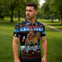 Mongolia Christmas Zipper Polo Shirt with Santa Riding Horse Snowmen Yurts and Winter Holiday - Wonder Print Shop