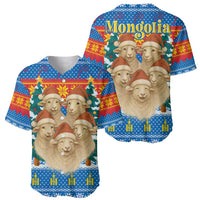 Mongolia Christmas Baseball Jersey with Santa Sheep Christmas Trees and Snowflake - Wonder Print Shop