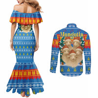 Mongolia Christmas Couples Matching Mermaid Dress and Long Sleeve Button Shirt with Santa Sheep Christmas Trees and Snowflake - Wonder Print Shop