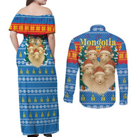 Mongolia Christmas Couples Matching Off Shoulder Maxi Dress and Long Sleeve Button Shirt with Santa Sheep Christmas Trees and Snowflake - Wonder Print Shop