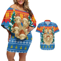 Mongolia Christmas Couples Matching Off Shoulder Short Dress and Hawaiian Shirt with Santa Sheep Christmas Trees and Snowflake - Wonder Print Shop