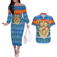 Mongolia Christmas Couples Matching Off The Shoulder Long Sleeve Dress and Hawaiian Shirt with Santa Sheep Christmas Trees and Snowflake - Wonder Print Shop